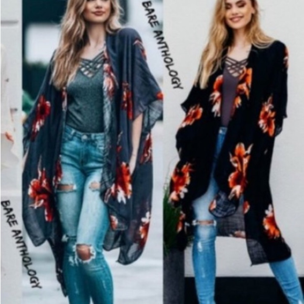 Bohemian black floral print kimono.  ONE SIZE NWT - Picture 2 of 4